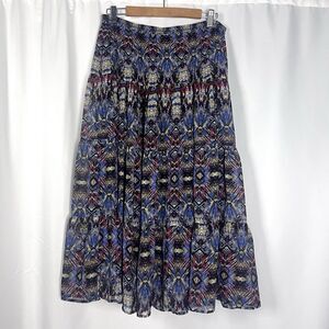 Christopher & Banks, M, Tiered Skirt, Abstract Blue/Beige/Burg/Black, Pull-On